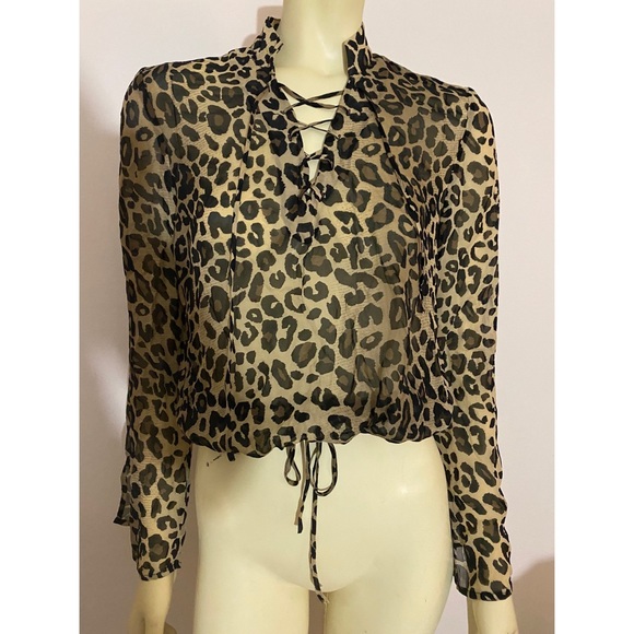 Silk Leopard Print Lace Up Blouse - Picture 2 of 4